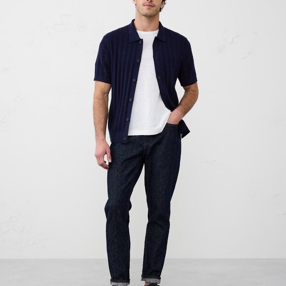 Banana Republic Men's Textured Front Button-Down SS Navy Polo Shirt - Large -NWT - Picture 1 of 6